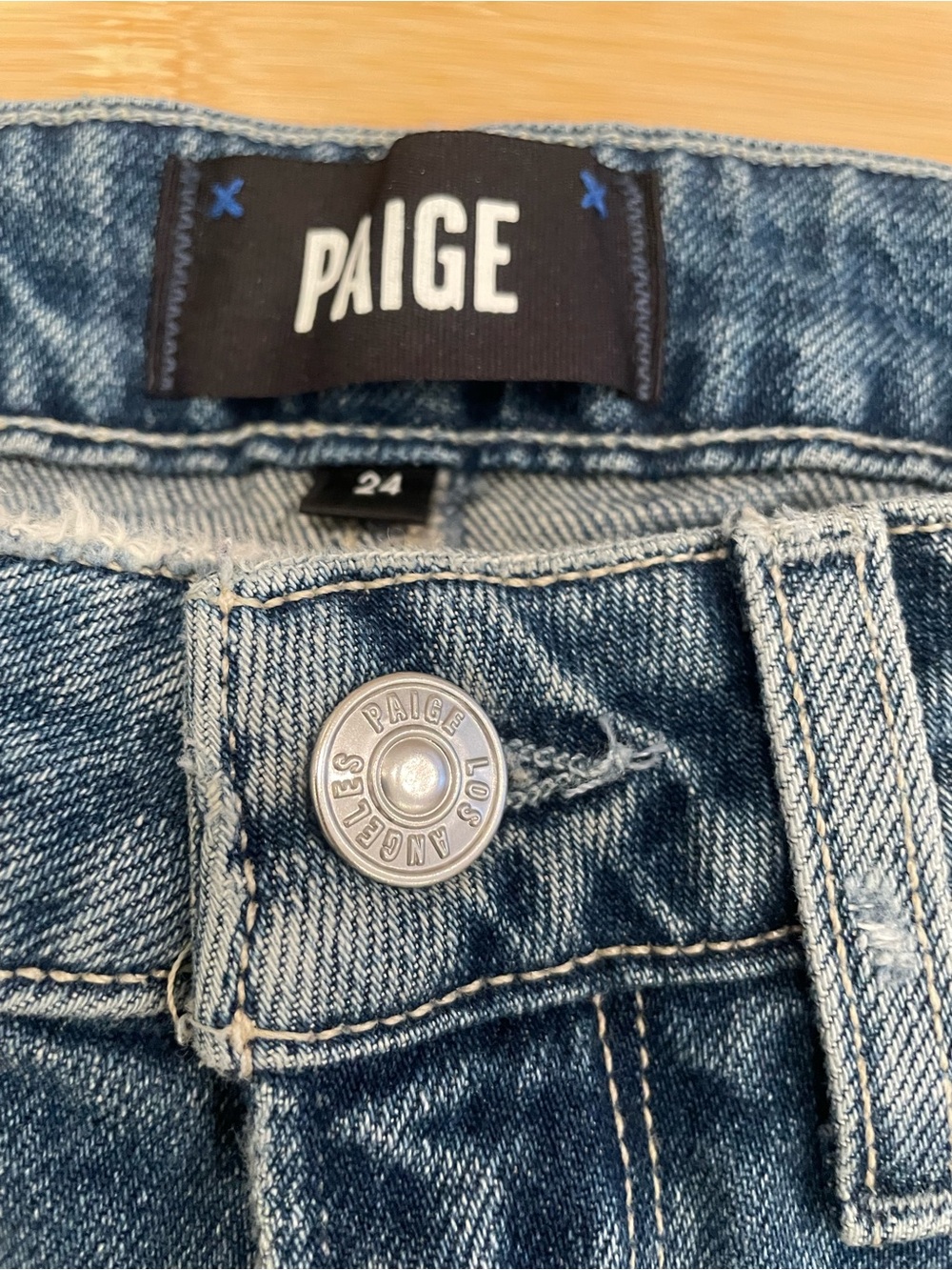 PAIGE High-Rise Flare Jeans in Medium Blue with Distressed Knees - Picture 5 of 7